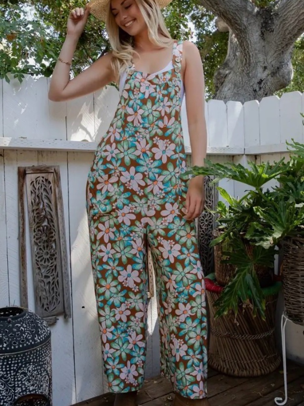 Sage + Fig Retro 70s Floral Wide Leg Overalls Jumpsuit Boho - Picture 8 of 9